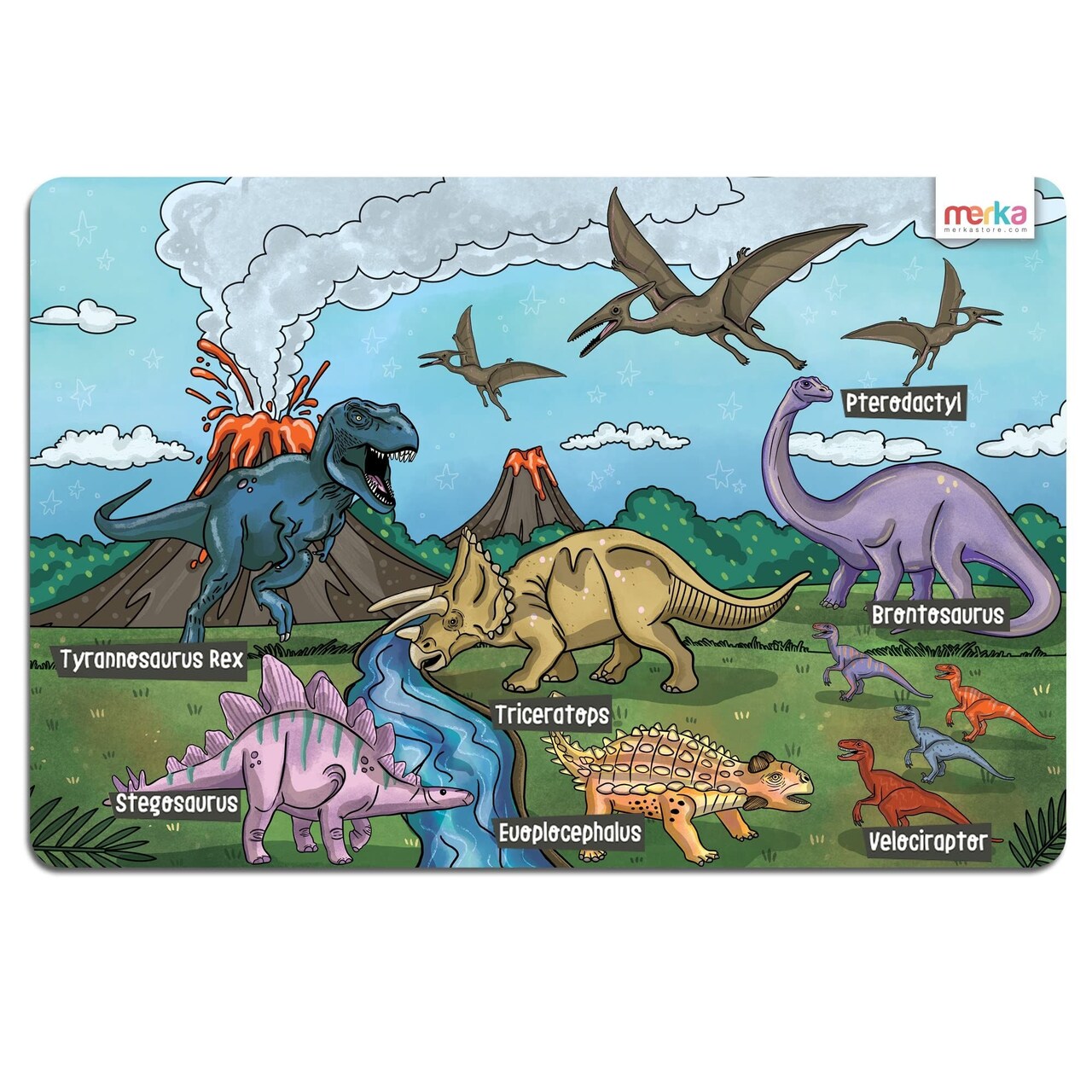 merka Fun and Educational Table Mat, Reusable Silicone Mat for Kids, Explore the World of Dinosaurs with T-Rex, Triceratops & more